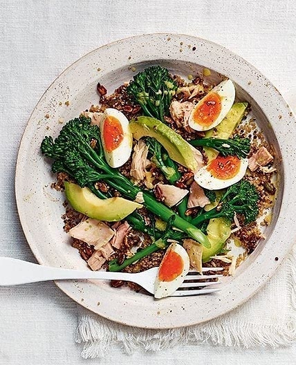 Quinoa, tenderstem broccoli, avocado and tuna salad