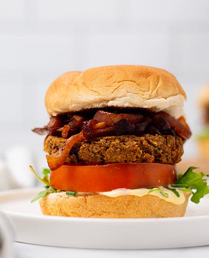 Vegan Za'atar Chickpea Burger Recipe with Caramelized Onions
