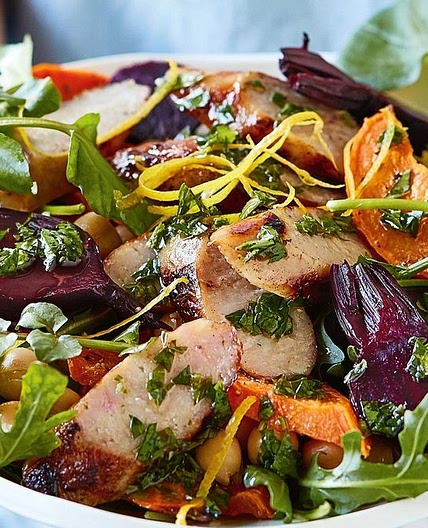 BBQ chicken sausage and roasted veggie salad