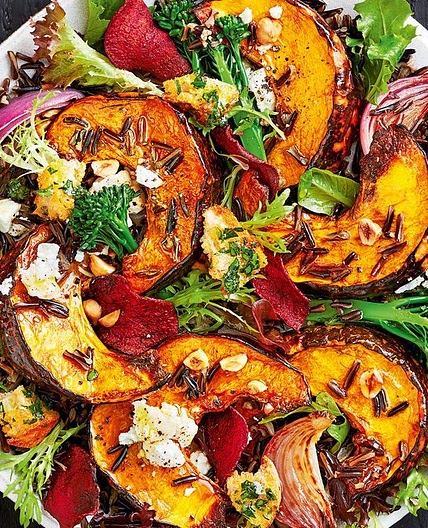 Roast pumpkin salad with garlic croutons and maple dressing
