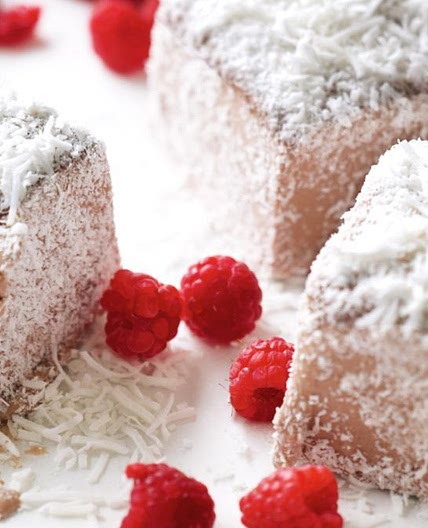 Frozen lamingtons with raspberries