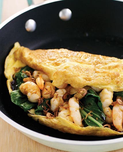 Omelette with garlic prawns and choy sum