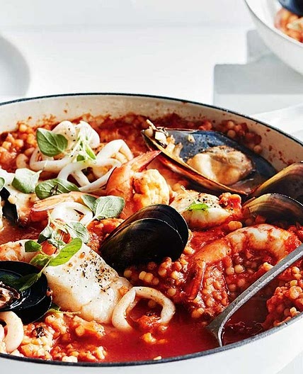 Seafood and tomato fregola