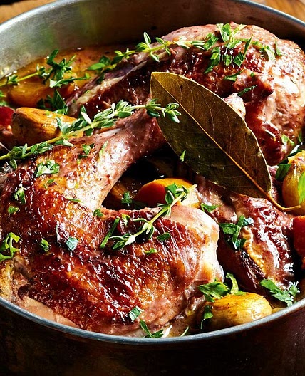 Slow-cooked coq au vin