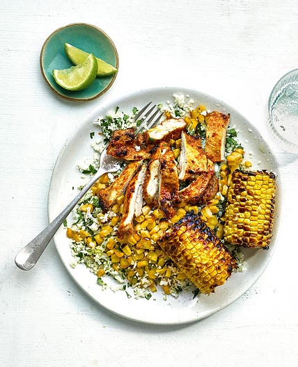 Peri-peri spiced chicken with cauliflower rice and charred corn cobs