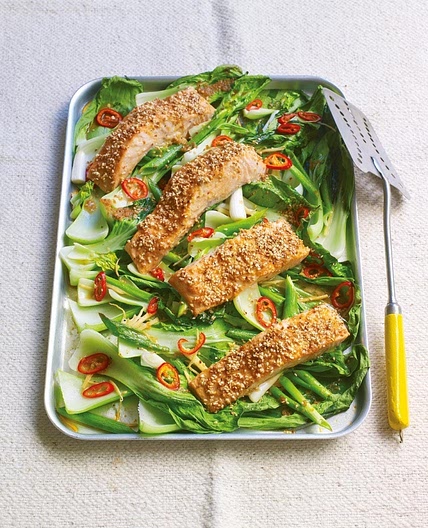 Roasted sesame salmon with ginger and chilli pak choi