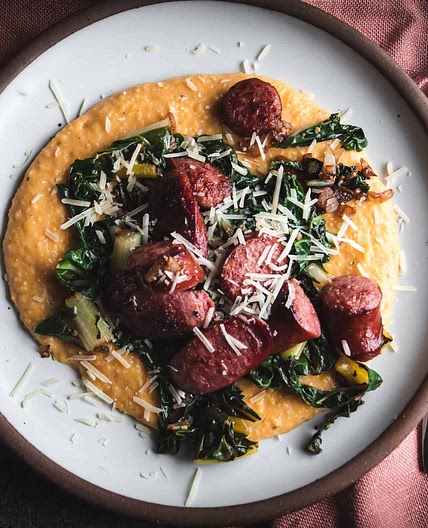 Sweet Potato Polenta with Smoked Sausage and Chard