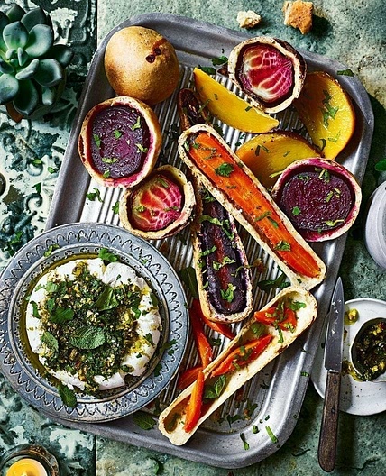 Salt-baked root vegetables with labneh