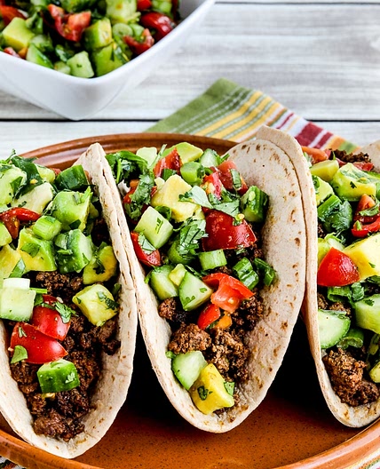 Ground Beef Tacos with Tomato-Avocado Salsa