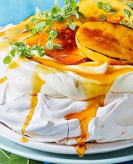 Bruleed mango pavlova