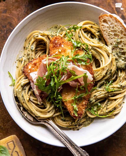 Basil Parmesan Pasta with Crispy Chicken, Prosciutto, and Arugula