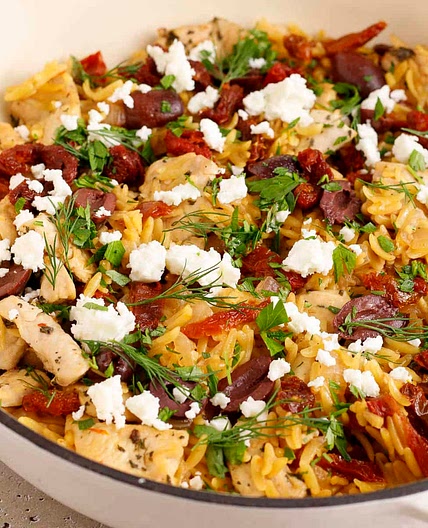 Mediterranean Chicken and Orzo Skillet
