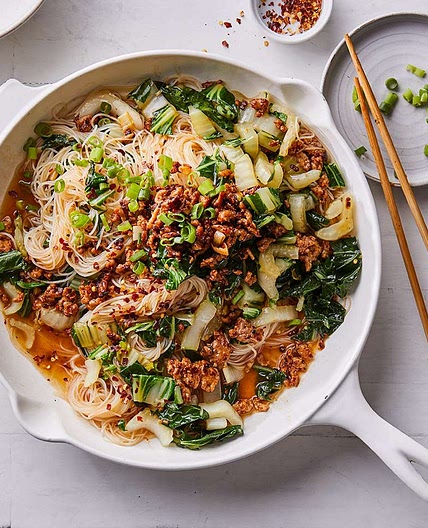 Spicy Noodles with Pork, Scallions & Bok Choy