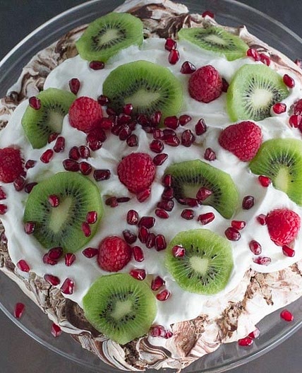 Low FODMAP Chocolate Pavlova with Pomegranate, Raspberries & Kiwi
