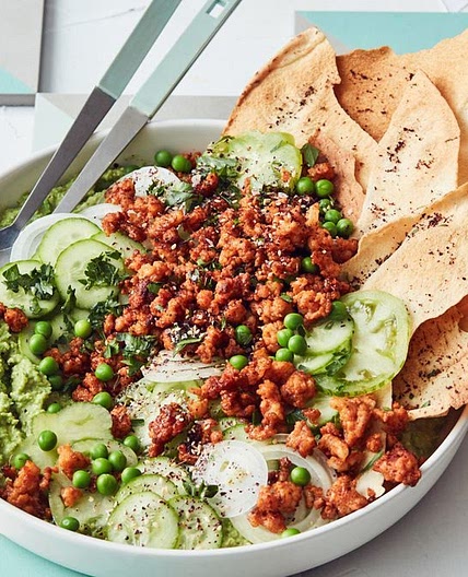 Spring fattoush with pea hummus and smoky prawns