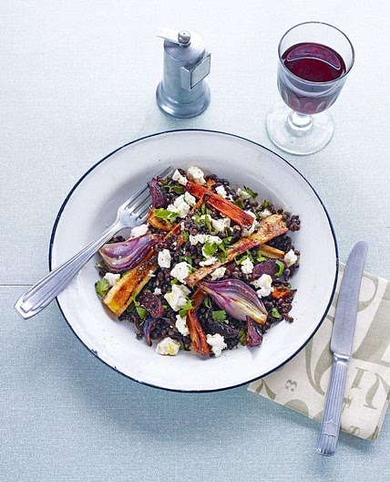 Roasted onion and balsamic root vegetables with puy lentils