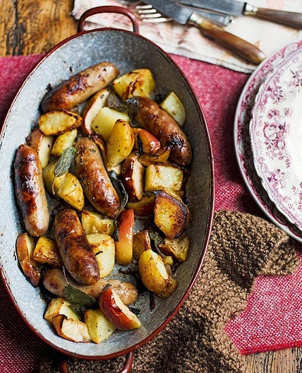 Sausage, apple and potato one-pan roast