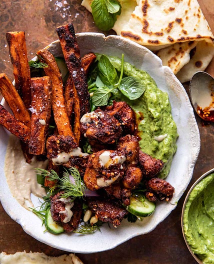 Sheet Pan Lemon Chicken with Sweet Potatoes and Avocado Goddess Sauce