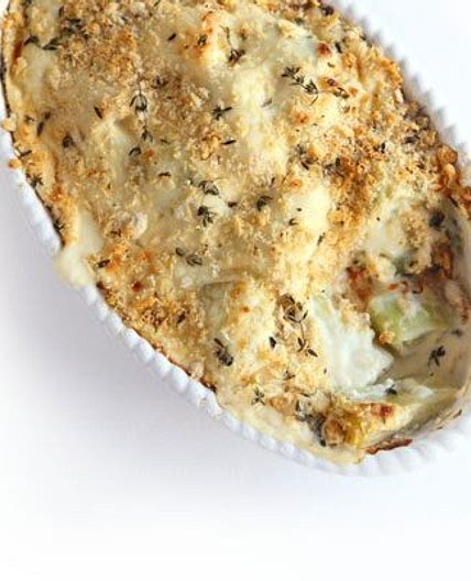 Creamy baked leeks with citrus crumbs