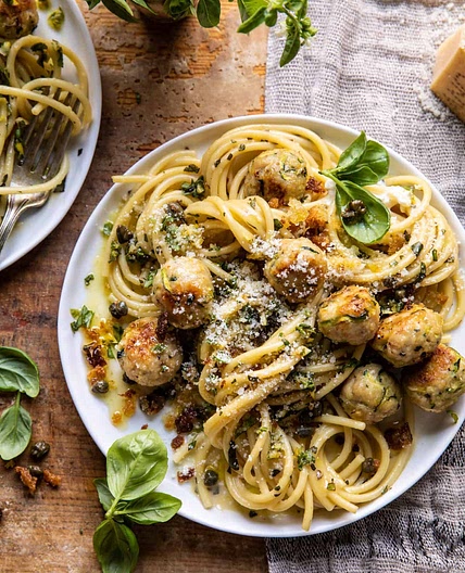 Zucchini Parmesan Chicken Meatballs with Lemon Pasta Carbonara