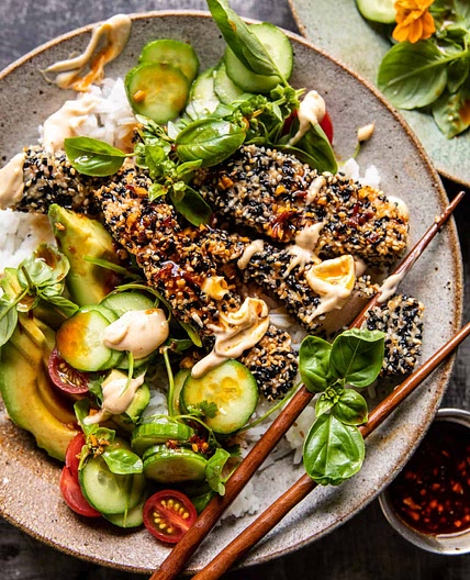 Spicy Ginger Sesame Crusted Salmon Bowl