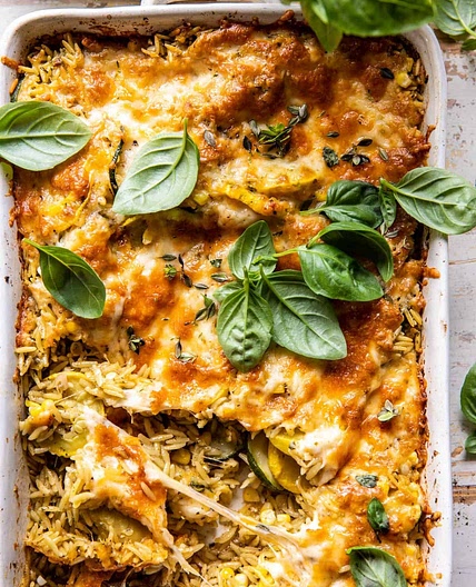 Easiest One Pan Corn and Zucchini Pesto Orzo Casserole