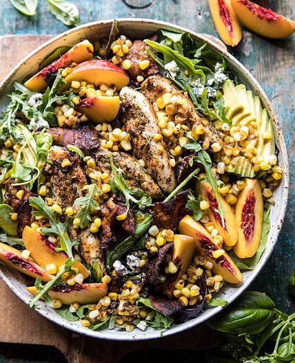 Rosemary Chicken, Caramelized Corn, and Peach Salad with Hot Bacon Vinaigrette