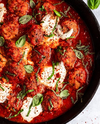 Healthy Turkey Meatballs in Tomato Basil Sauce with Burrata