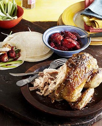 Shredded sesame chicken pancakes with spiced plum sauce