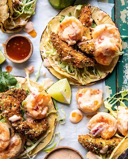 Bang Bang Shrimp and Fried Avocado Tacos