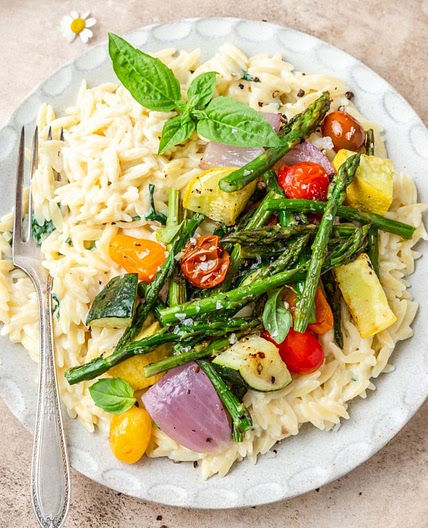 Creamy Orzo with Roasted Summer Vegetables