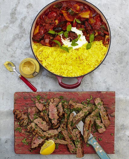 Grilled steak ratatouille & saffron rice