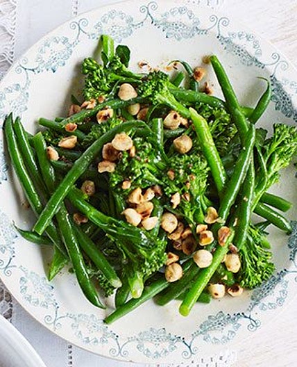 Broccoli & green beans with toasted hazelnut butter