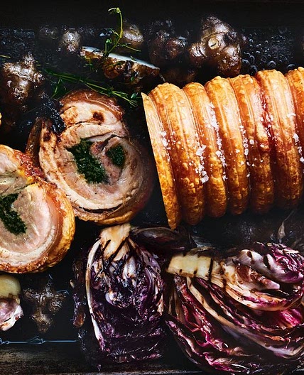 Herb and garlic porchetta with roast winter vegetables