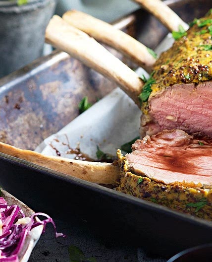Mustard-crusted veal roast with red cabbage slaw