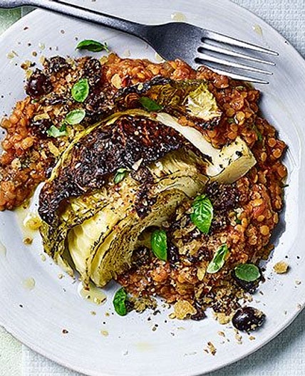 Italian-style roast cabbage wedges with tomato lentils