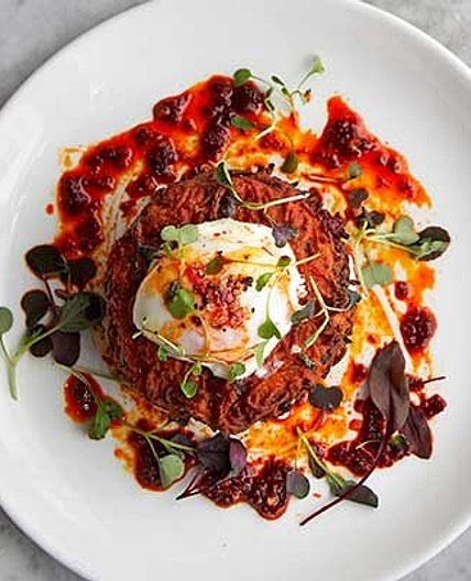 Sweet potato cakes with poached eggs