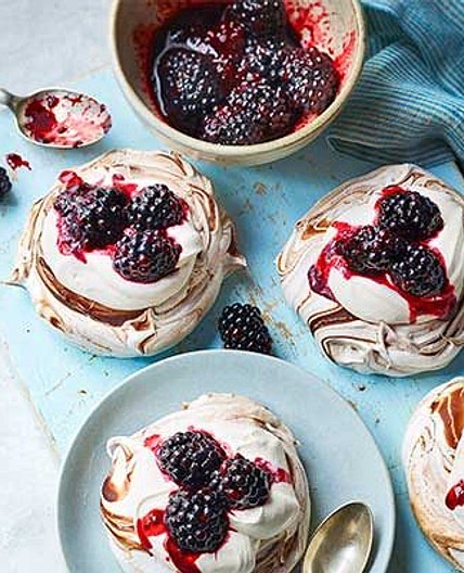 Mini dark chocolate, blackberry & bay pavlovas