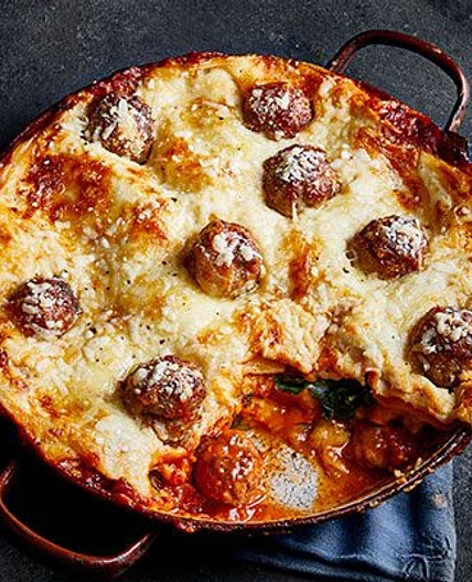 Three-cheese meatball lasagne