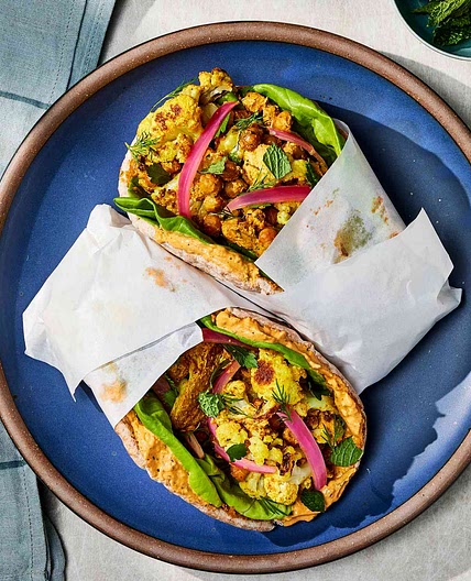 Roasted Chickpea & Cauliflower Pitas with Sun-Dried Tomato Sauce