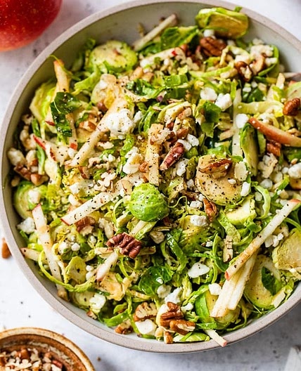 Fall Brussels Sprout Salad with Apple, Pecans, and Blue Cheese