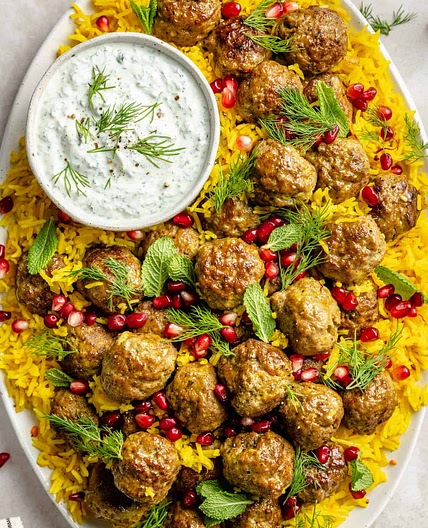 One-Pan Lamb Meatballs and Saffron Rice with Herby-Yogurt Sauce