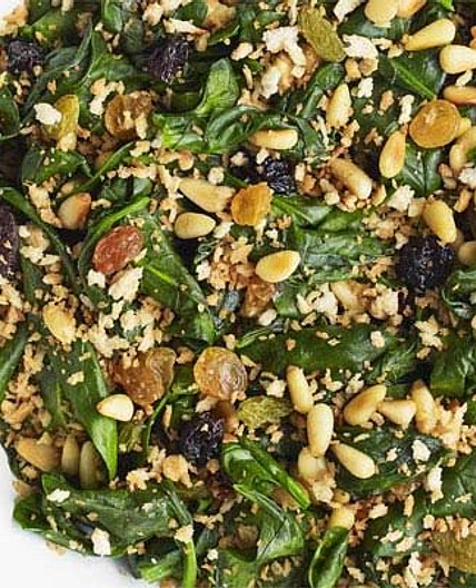Spinach with raisins, pine nuts & breadcrumbs