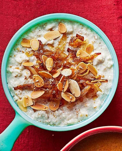 Bread sauce with flaked almonds & caramelised shallots
