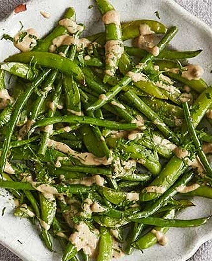 Roast sugar snaps & green beans with tonnato dressing