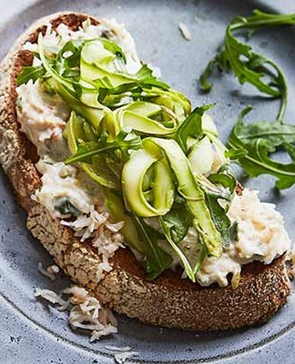 Crab & tangled asparagus salad on toast