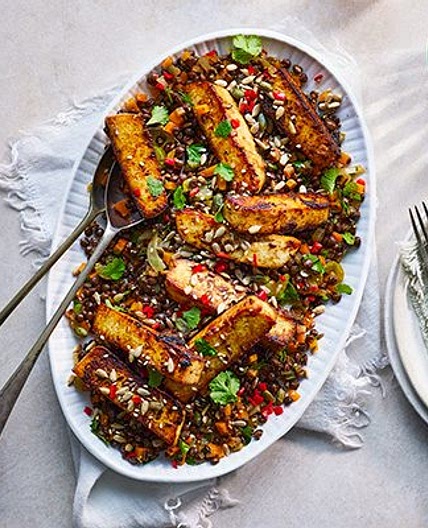 Vegan lentils with soy & ginger tofu