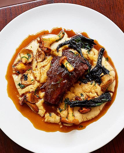 Braised beef cheeks with polenta, coffee & wild mushrooms