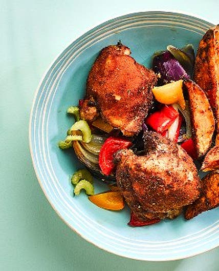 Cajun chicken traybake with sweet potato wedges & chive dip