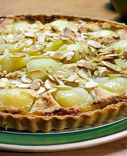 Pear and apricot frangipane tart